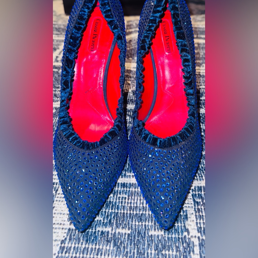 Cesare Paciotti Strass Crystal Suede Blue Stiletto Heels EU 41 US 10.5 11 NWOB